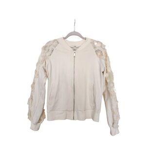 Boston Proper sequin paillette sleeve cream color zip front bomber style cotton